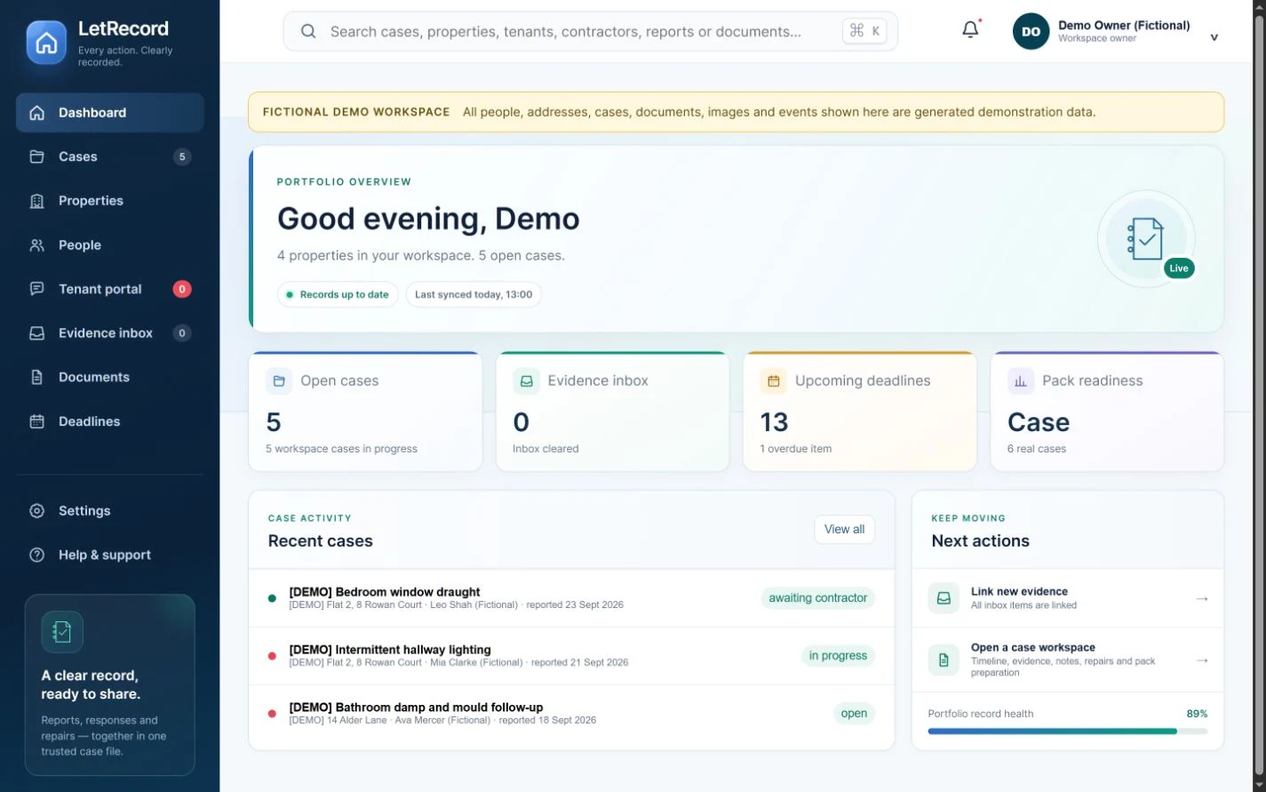 The actual LetRecord v11.5 dashboard, displaying four fictional properties and demonstration cases
